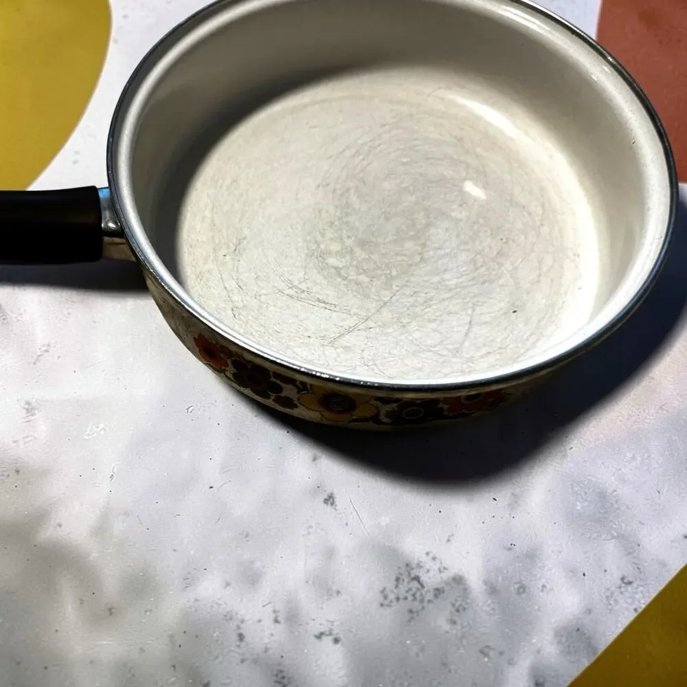 Vintage 1970s Speckled Enamelware Skillet Pan Orange Yellow Brown Floral